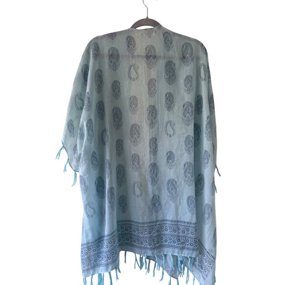 Janice Kimono Beach Cover Up Lace Fringe Blue White One Size Coastal Grandma - Picture 2 of 6